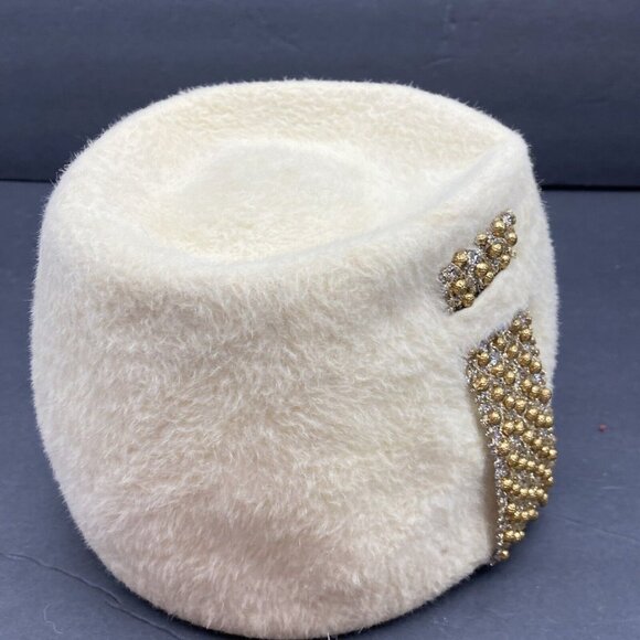 Vtg Ann Marie Hat Cream Tall Cossack Pillbox Beaded Accent‎ USA Union Made 60s - Picture 6 of 11
